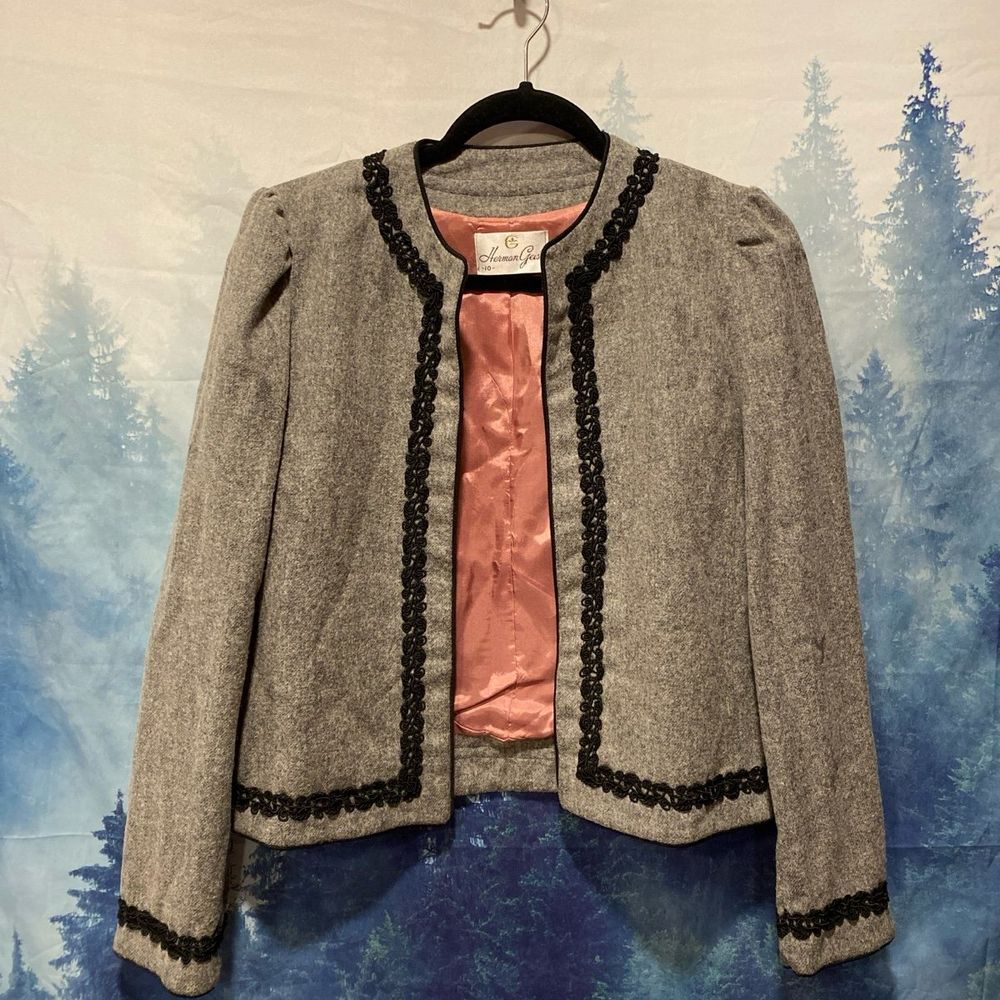 Vintage 80s Herman Geist Grey &black military wool cropped bolero jacket size 10